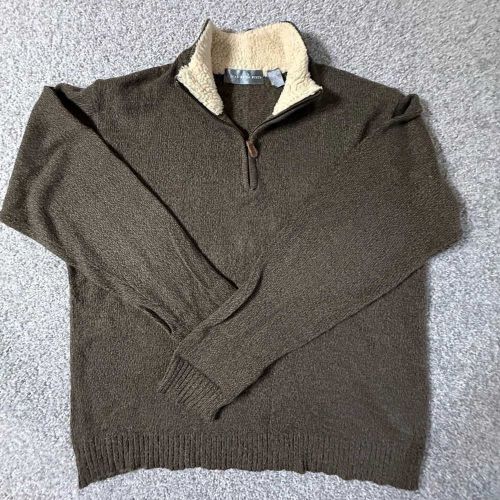Oscar de la Renta Rich Brown Sherpa Collar Men’s Quarter-Zip Sweater – Size XL